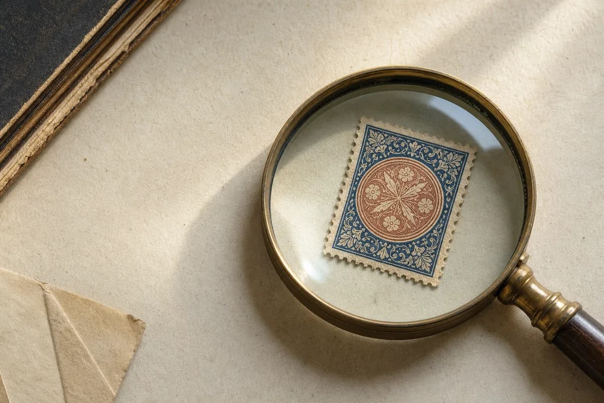 Fictional vintage postage stamp being examined through a brass magnifying glass
