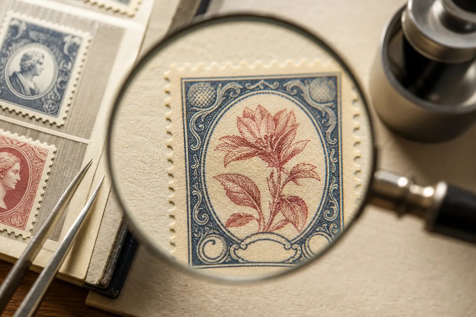Photo illustration of a close-up of a stamp's printed ink texture under a magnifier, for the guide "How to Identify Planographic Printing: Distinguishing Offset Lithography from Other Major Families"