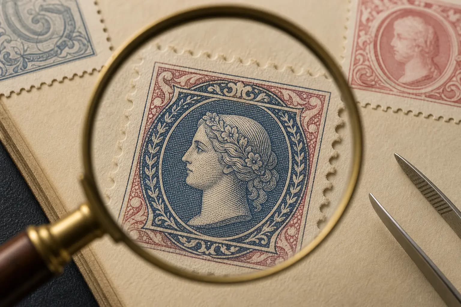 Photo illustration of a close-up of a stamp's printed ink texture under a magnifier, for the guide "How to Identify Screened Structures Across Different Stamp Printing Methods"