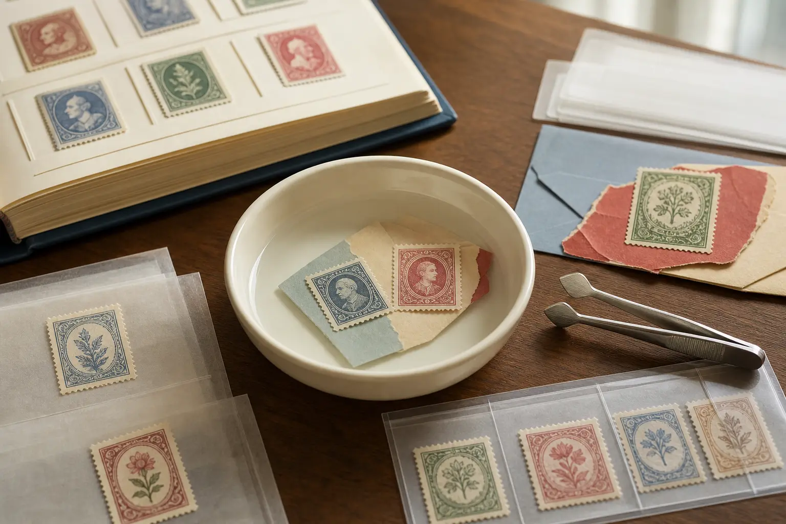 Photo illustration of stamps stored in protective mounts and glassine sleeves, for the guide "How to Prevent Color Bleeding When Soaking Stamps from Colored Envelopes"