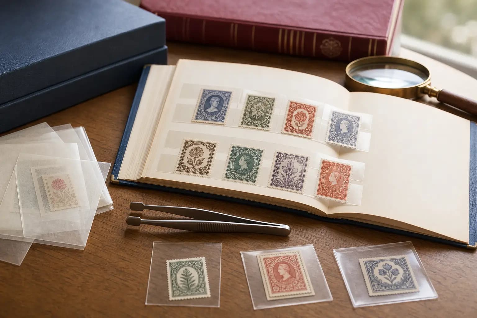 Photo illustration of stamps stored in protective mounts and glassine sleeves, for the guide "How to Prevent Stamp Damage: Essential Handling Tools and Techniques"