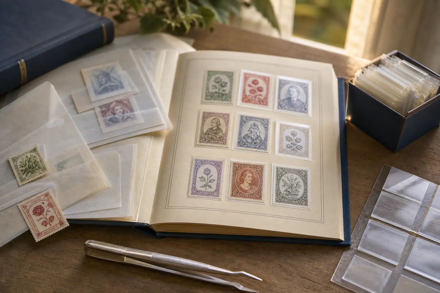 Photo illustration of stamps stored in protective mounts and glassine sleeves, for the guide "How to Safely Mount Stamps in an Album: A Step-by-Step Guide to Hinges and Mounts"