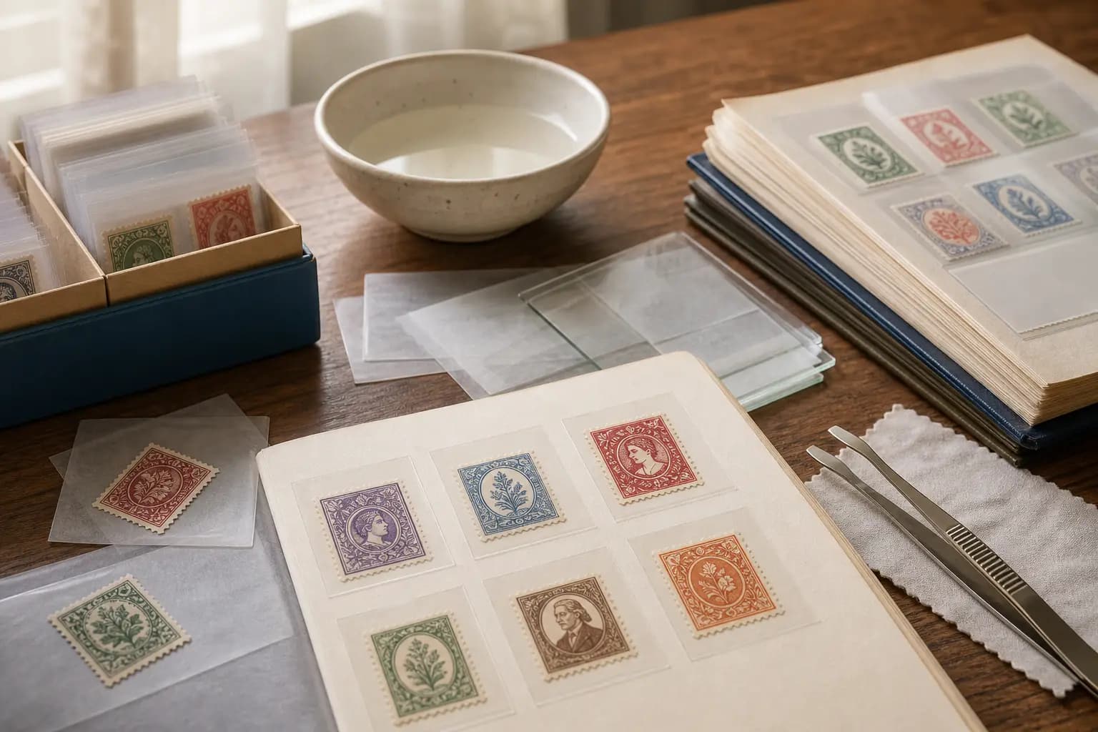 Photo illustration of stamps stored in protective mounts and glassine sleeves, for the guide "How to Safely Separate Self-Adhesive Stamps from Paper Backings"