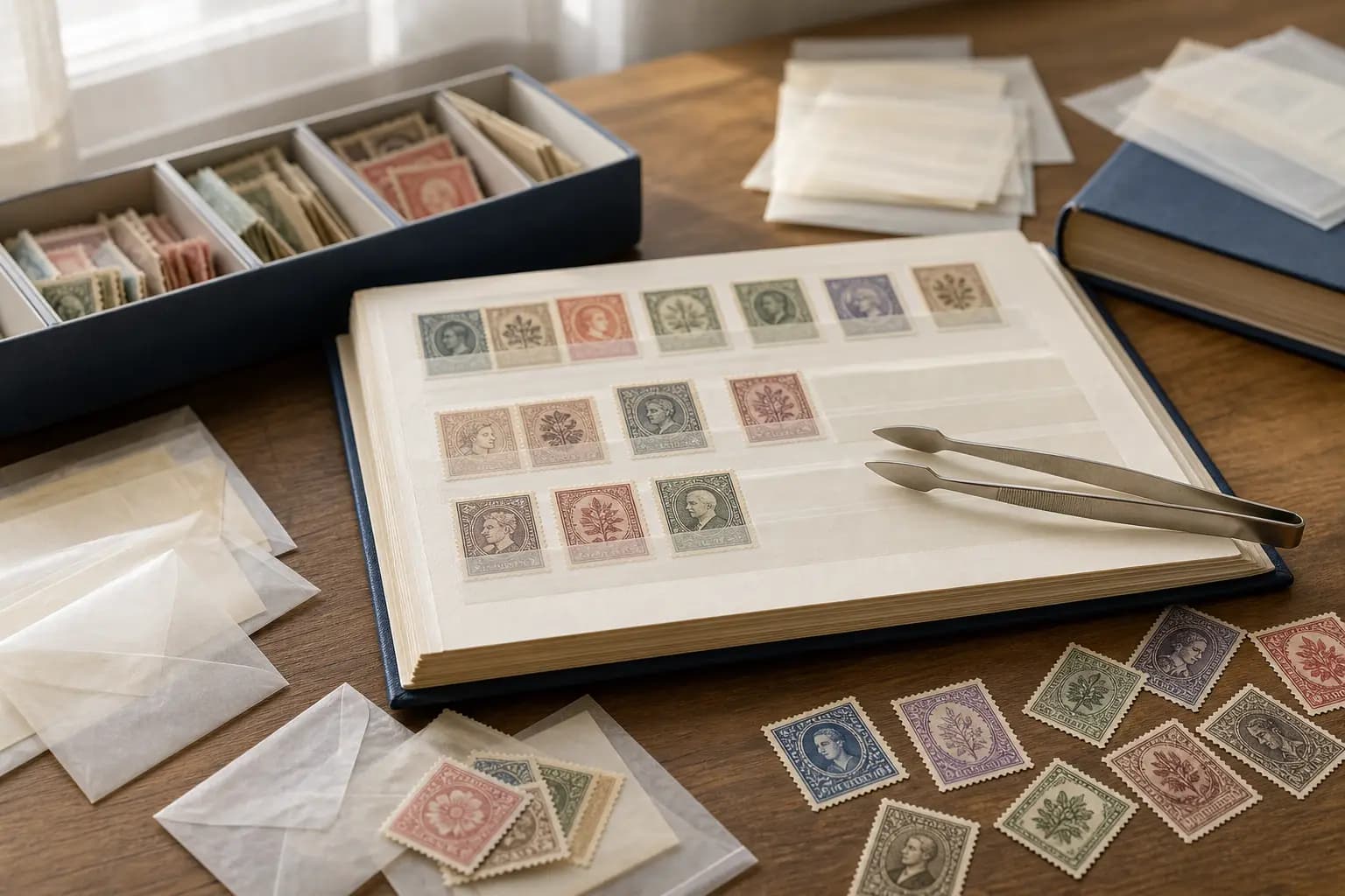 Photo illustration of stamps stored in protective mounts and glassine sleeves, for the guide "How to Safely Sort and Organize Dry Stamps Before Album Mounting"