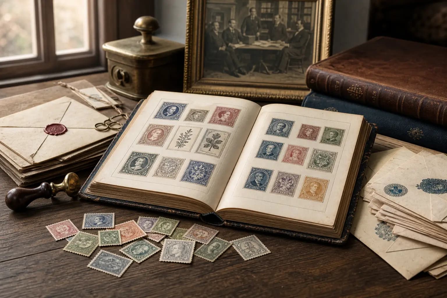 Photo illustration of antique letters, a ledger, and old stamped covers, for the guide "How Stamp Clubs and Societies Shaped Philately: History and Collector Benefits"