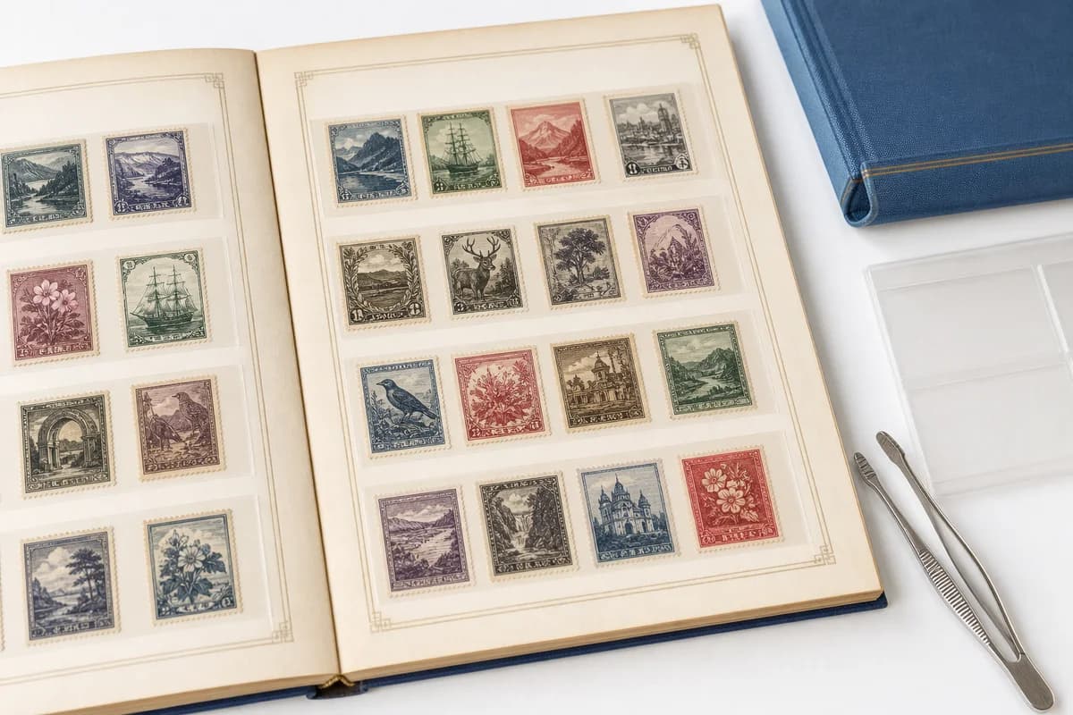 Open archival album holding fictional vintage postage stamps in clear protective mounts
