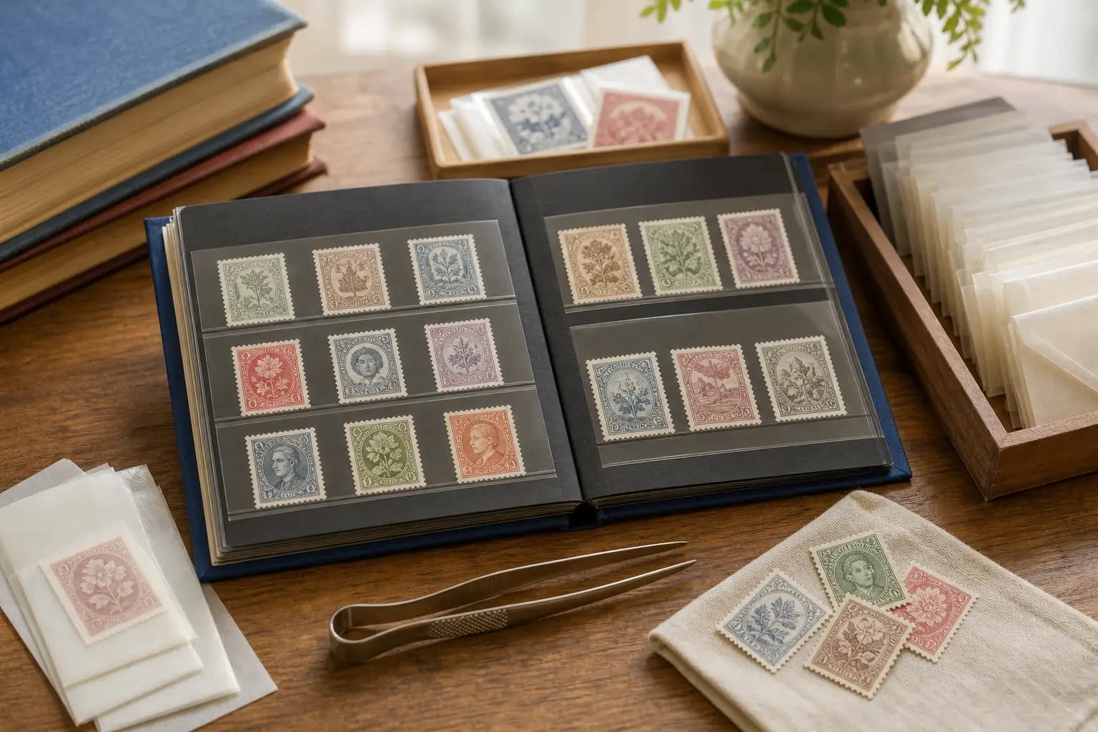Photo illustration of stamps stored in protective mounts and glassine sleeves, for the guide "How to Use Glassine Envelopes and Stock Books to Safely Store and Organize Stamps"