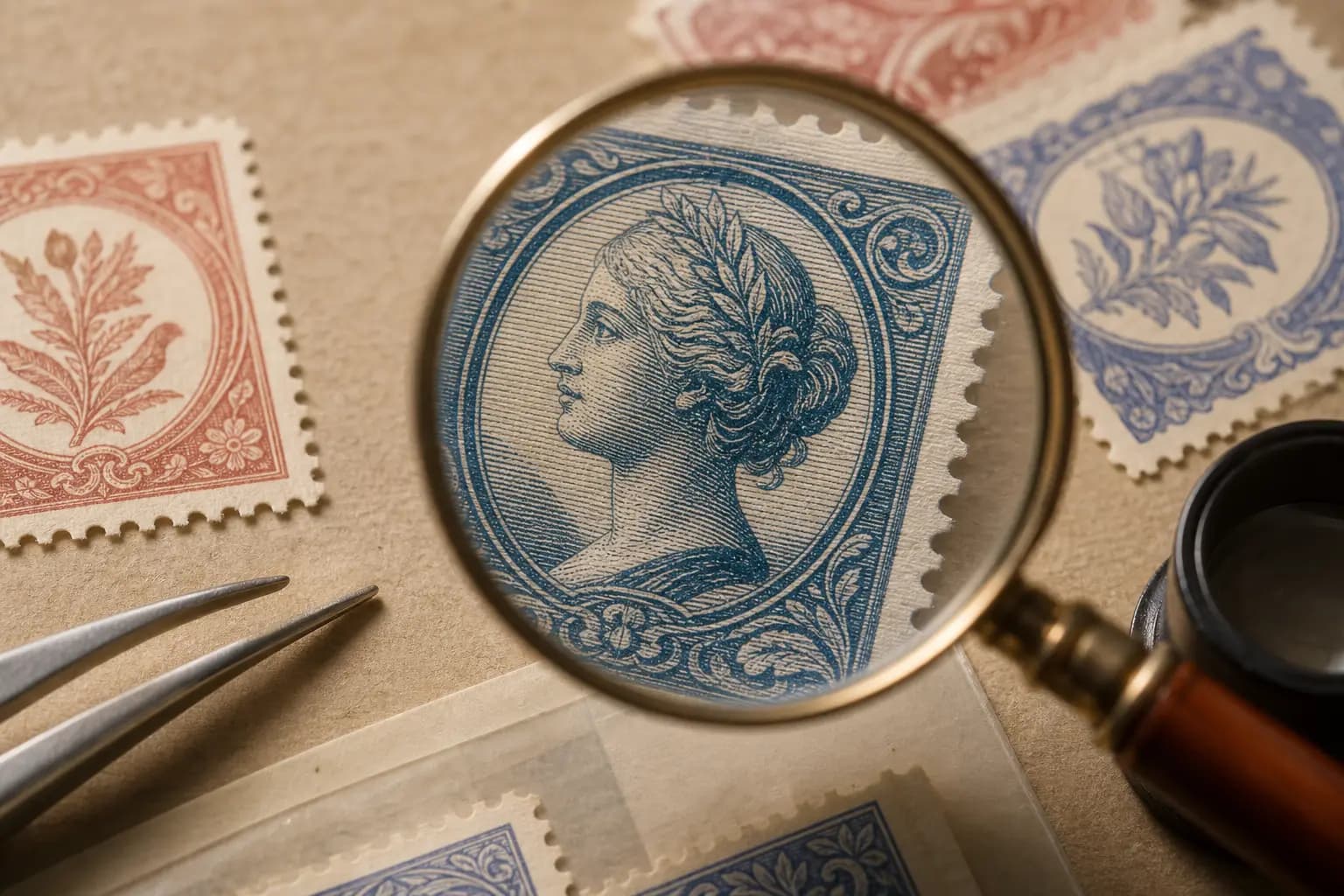 Photo illustration of a close-up of a stamp's printed ink texture under a magnifier, for the guide "How to Use Printing Methods and Watermark Detection to Classify Classic Stamps"
