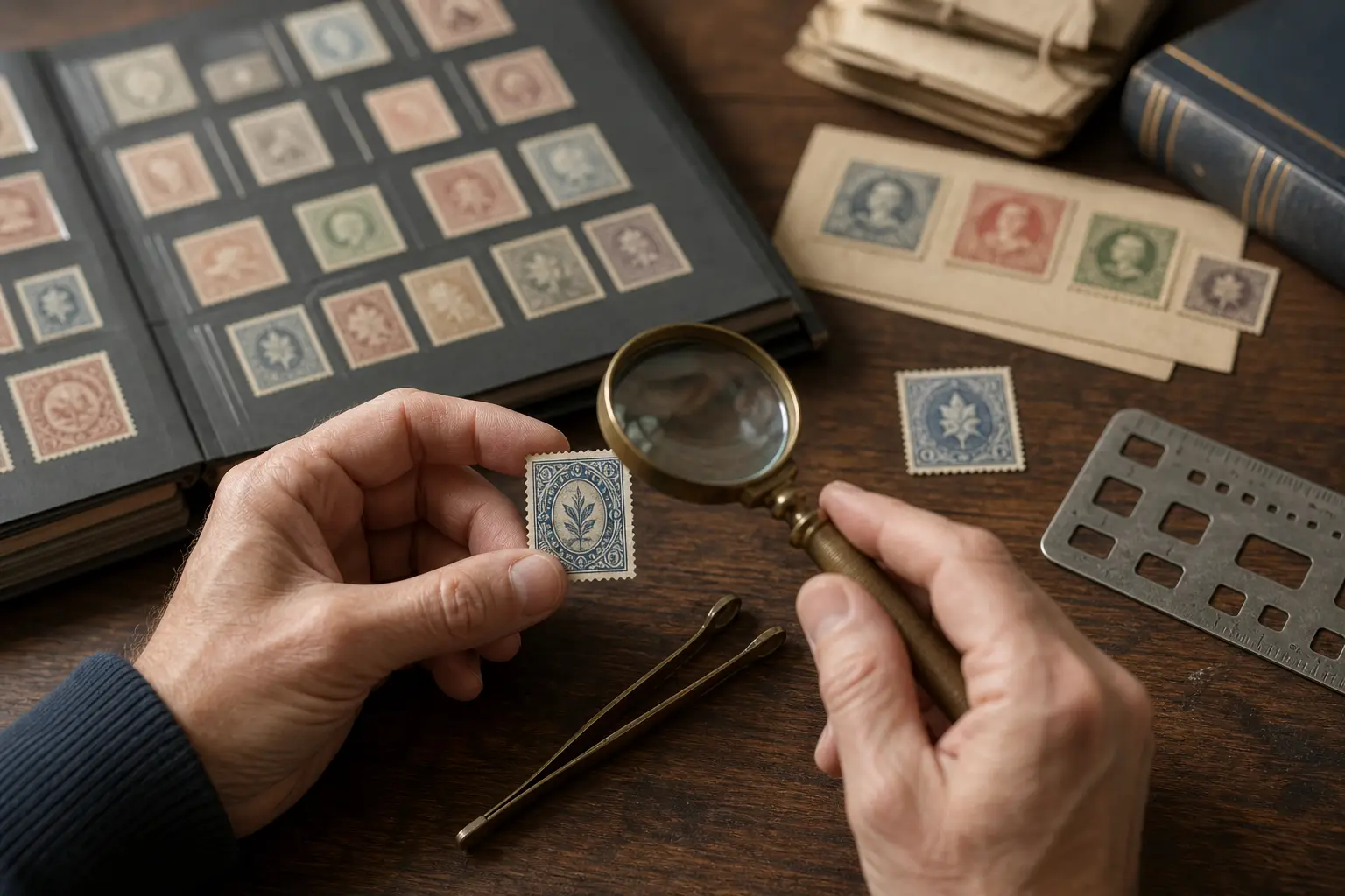 Photo illustration of a vintage stamp examined under a magnifier with tongs and a perforation gauge, for the guide "How to Use a Stamp Catalog for Identification: Navigating Illustrations, Issue Dates, and Production"