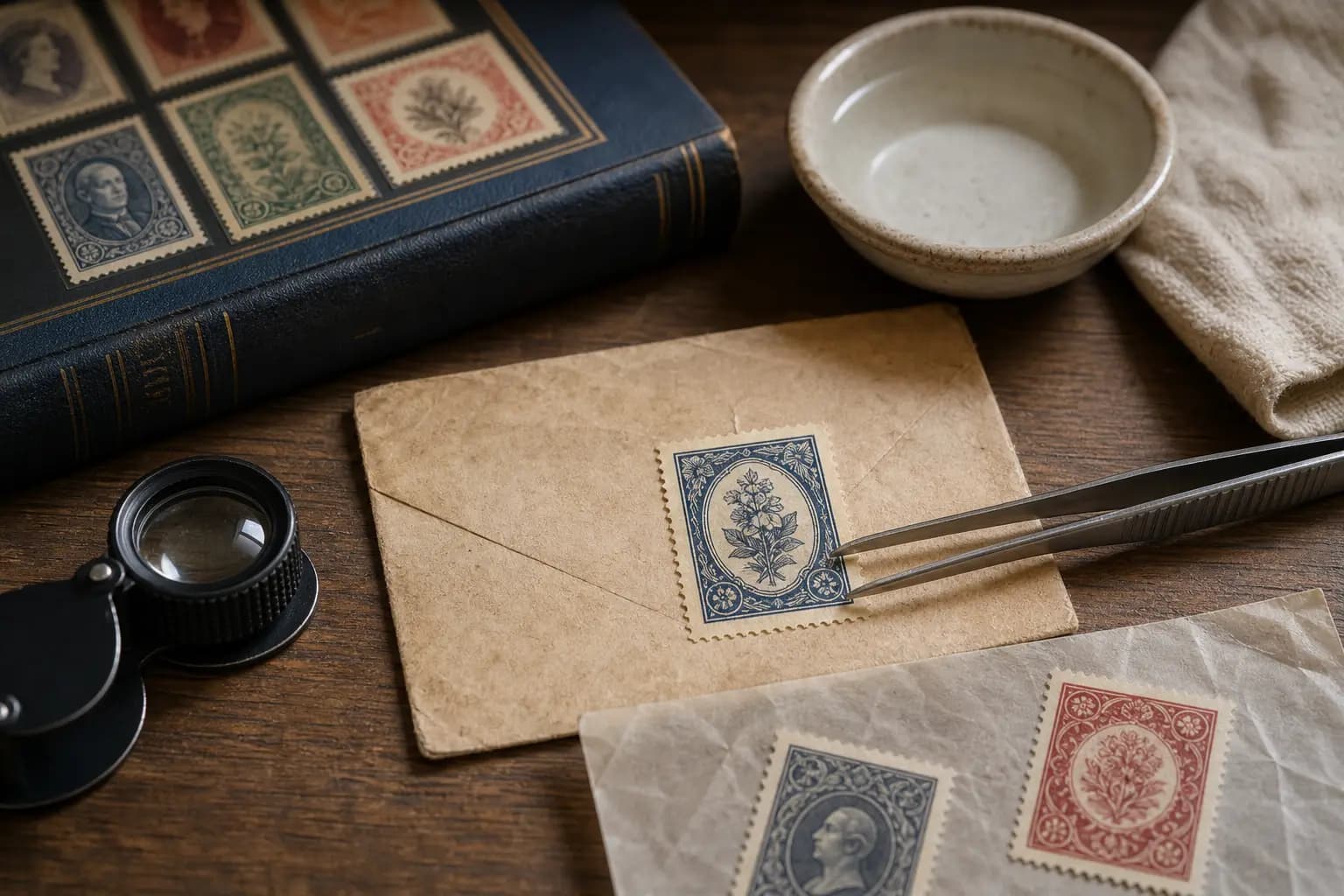 Photo illustration of a stamp on an old envelope checked for condition with a loupe and tongs, for the guide "How to Value and Identify Self-Adhesive Stamps: Distinguishing Water-Soluble and Oil-Based Backings"