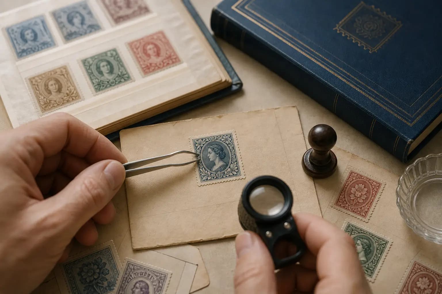 Photo illustration of a stamp on an old envelope checked for condition with a loupe and tongs, for the guide "How to Value Stamps by Distinguishing Commemorative and Definitive Design Variations"