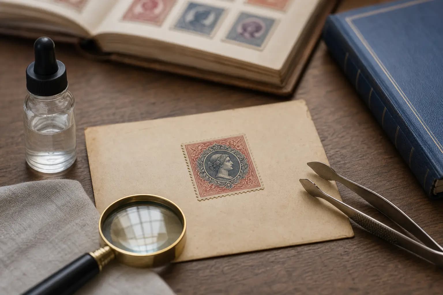 Photo illustration of a stamp on an old envelope checked for condition with a loupe and tongs, for the guide "How Watermark Variations Determine Stamp Value: Identifying Security Varieties Safely"