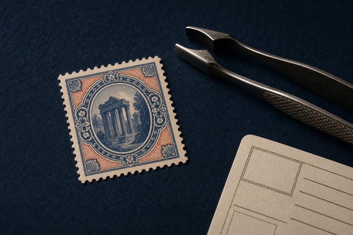 Fictional vintage postage stamp and stamp tongs on a dark archival work surface