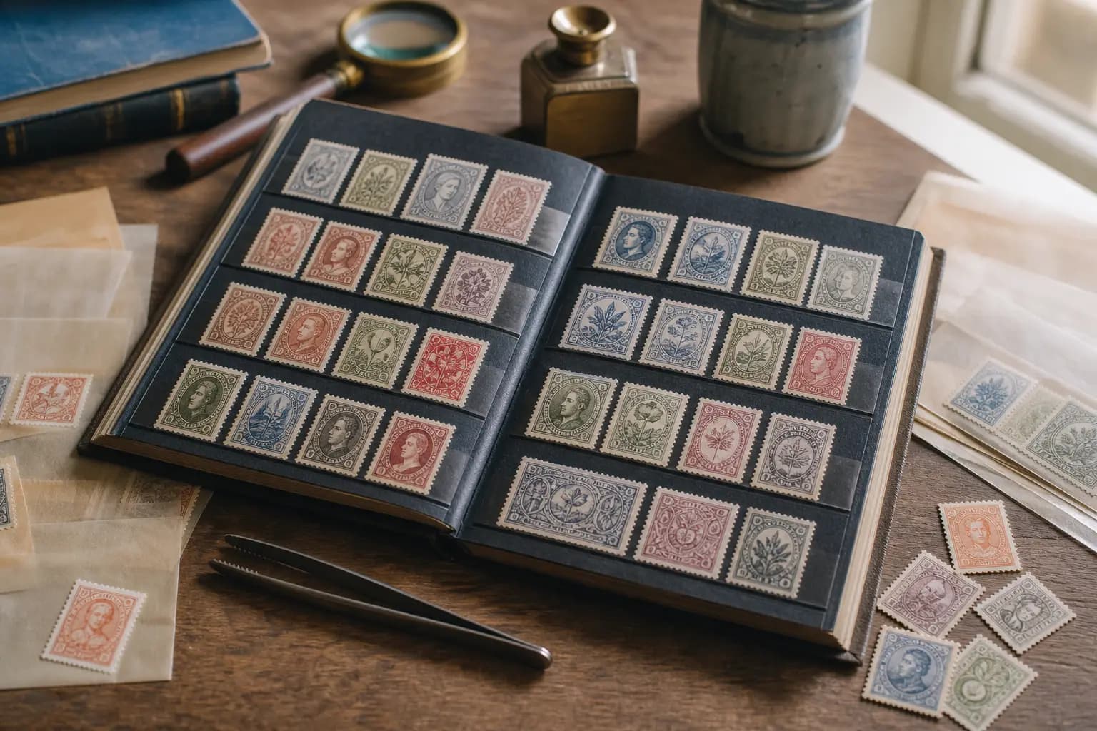 Photo illustration of an open stamp album with neatly arranged stamps and tongs, for the guide "Why People Collect Stamps: The Universal Appeal of Philately and Its Famous Enthusiasts"