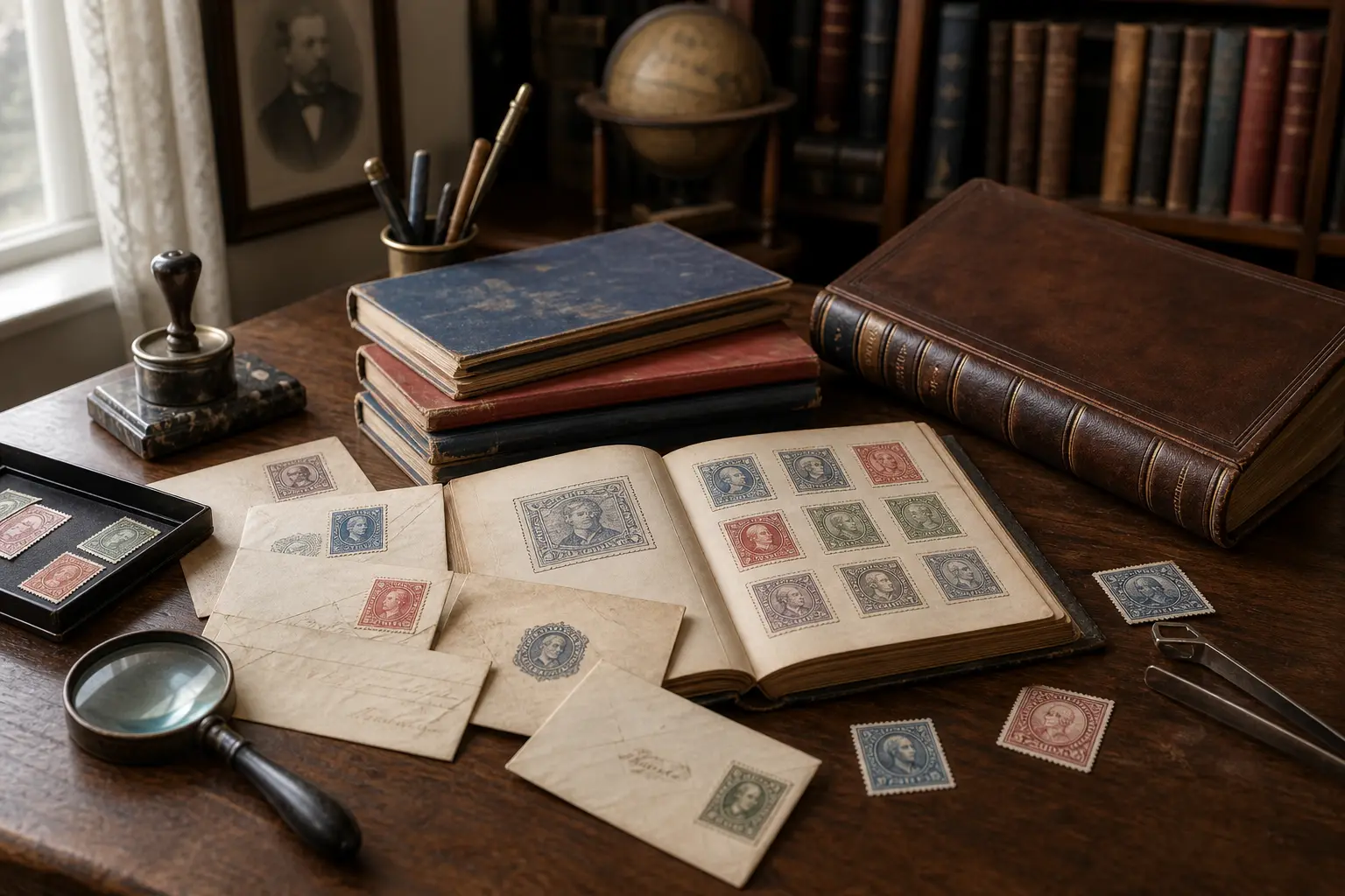 Photo illustration of antique letters, a ledger, and old stamped covers, for the guide "Why Did Stamp Clubs Publish Journals and Build Libraries?"